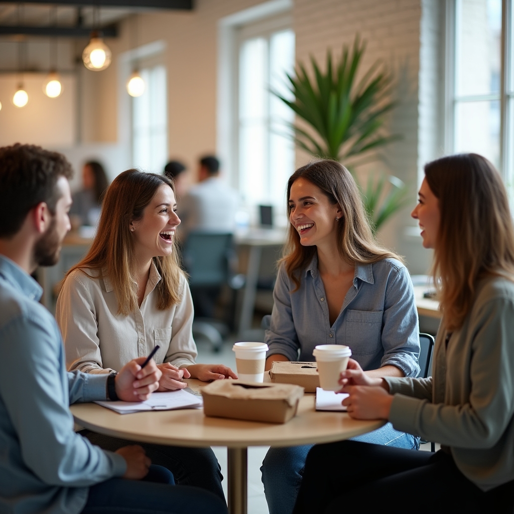 A small team gathered informally around a table sharing food and discussing ideas during a learning lunch session