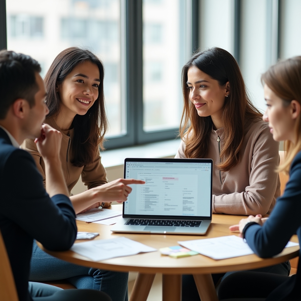 Three colleagues gathered around a table with a laptop open, planning a mentoring programme structure with printed frameworks