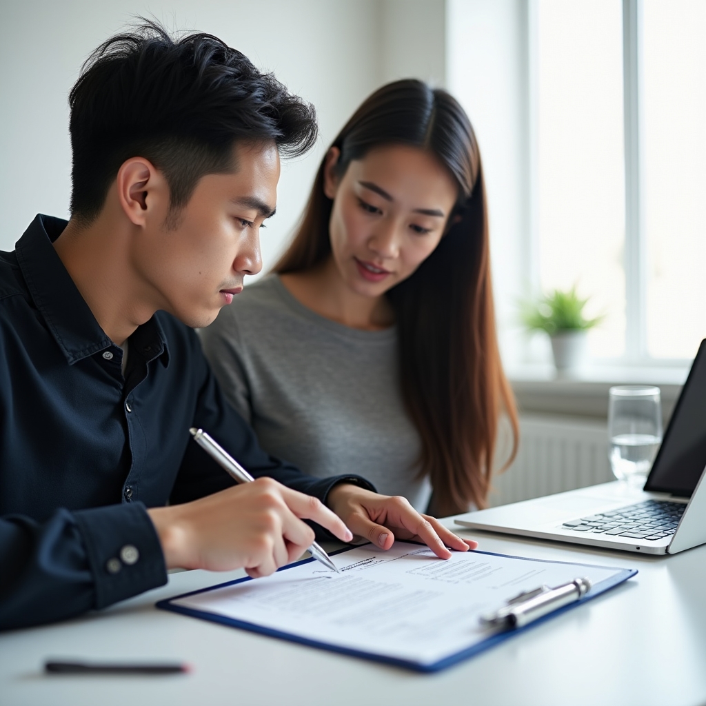 Two colleagues sitting side by side reviewing a printed checklist on a clipboard in a bright minimalist office