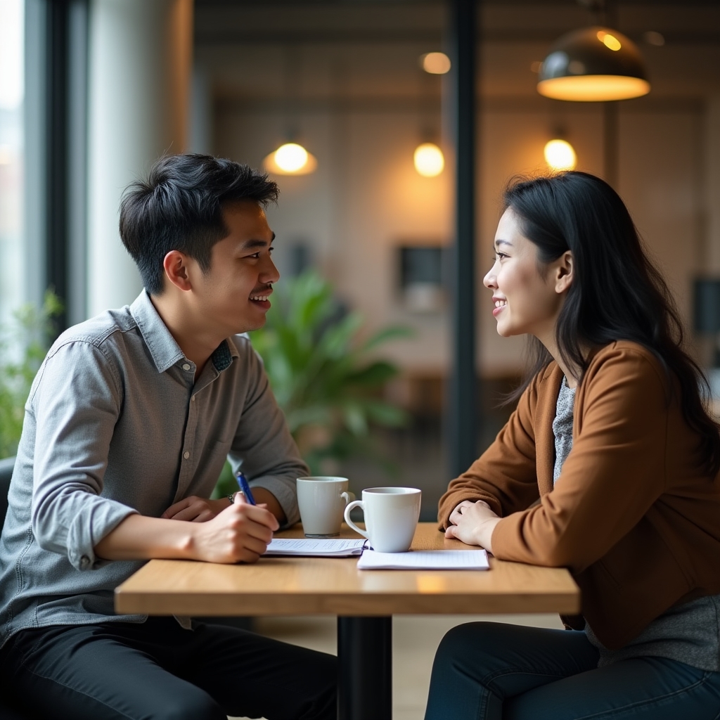 Two young professionals having a focused one-on-one conversation at a small table with coffee cups and notebooks