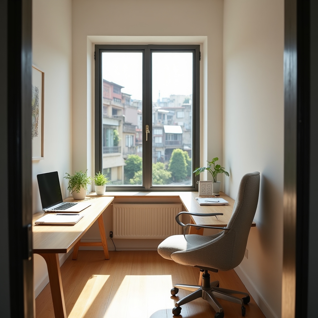 A bright modern office workspace in Penang with large windows, a wooden desk, and minimalist design elements reflecting a startup environment