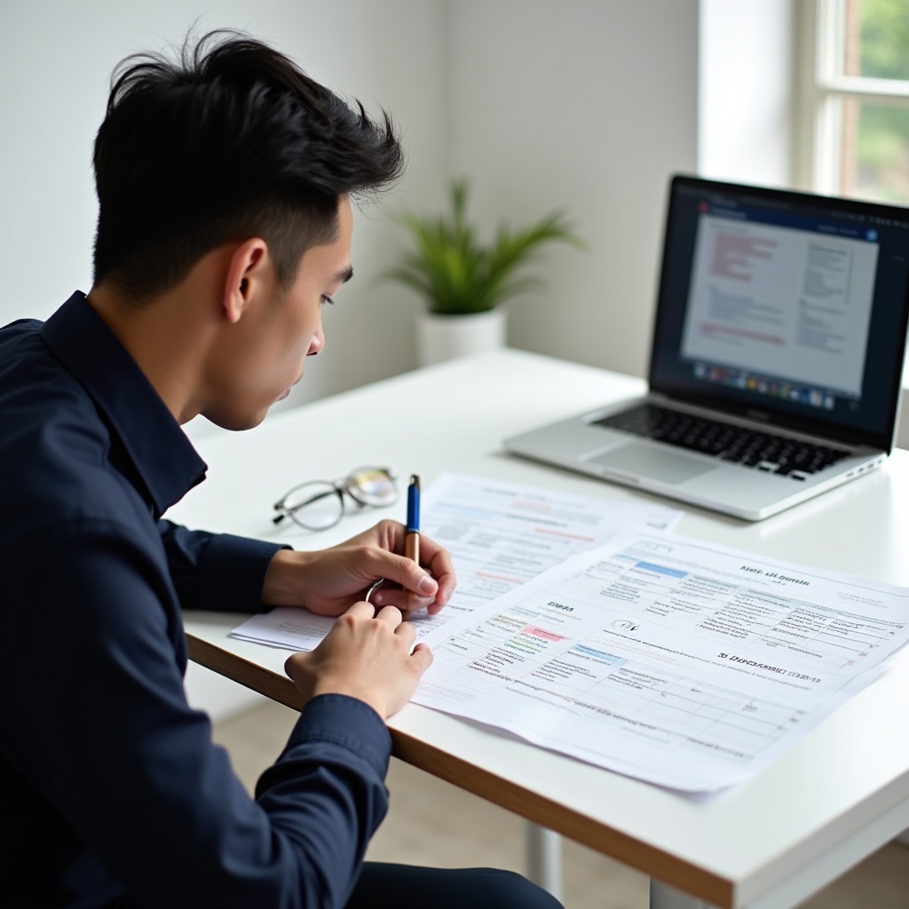 A consultant working at a desk with printed onboarding programme documents and a laptop showing a structured timeline