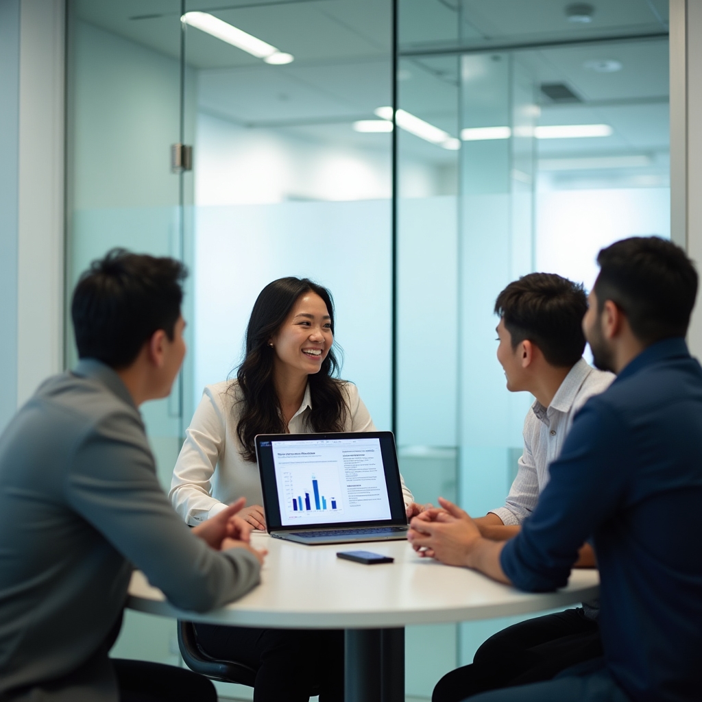 A team lead presenting pulse survey results on a laptop screen to three attentive colleagues in a modern office