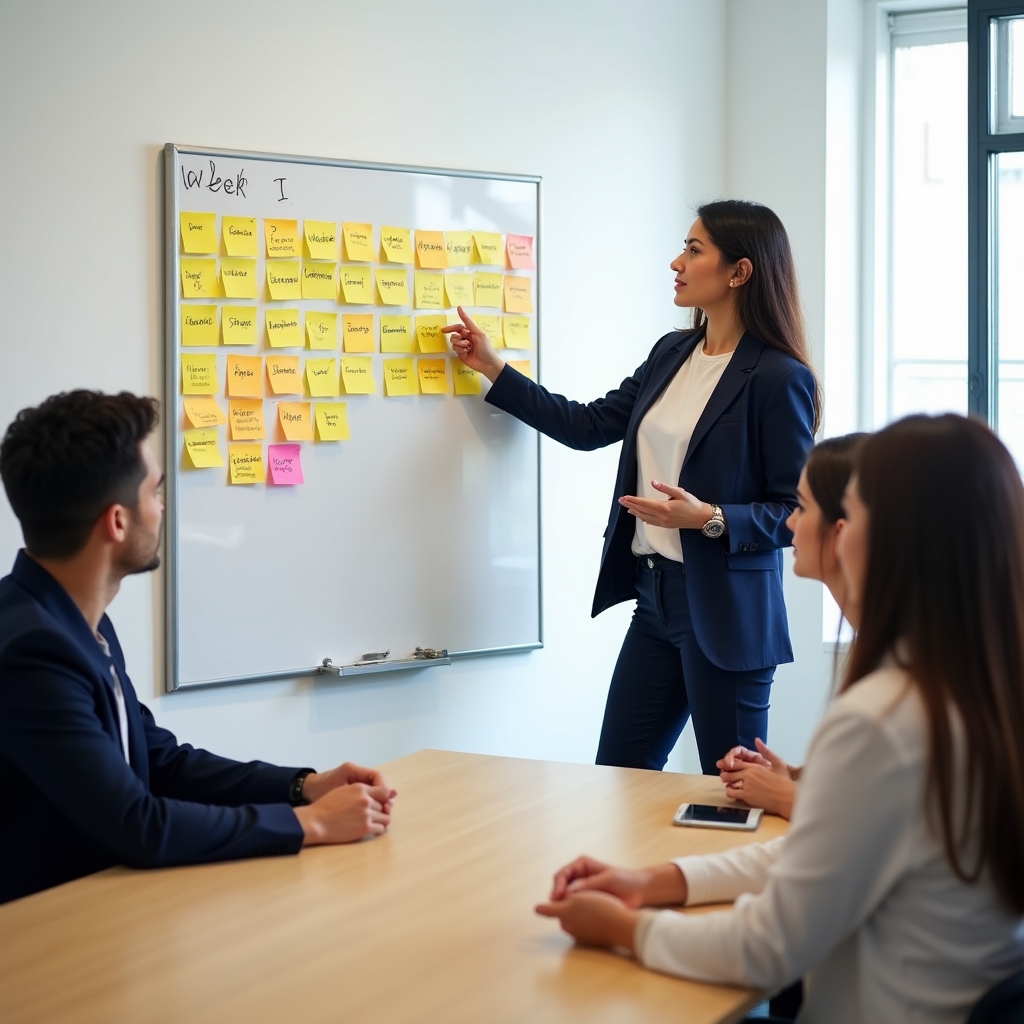 A facilitator standing at a whiteboard covered in sticky notes leading a small group workshop with engaged participants